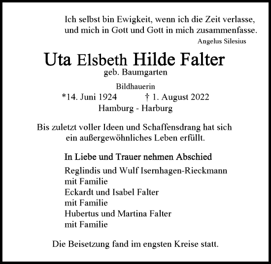 Traueranzeige von Uta Elsbeth Hilde Falter von Hamburger Abendblatt