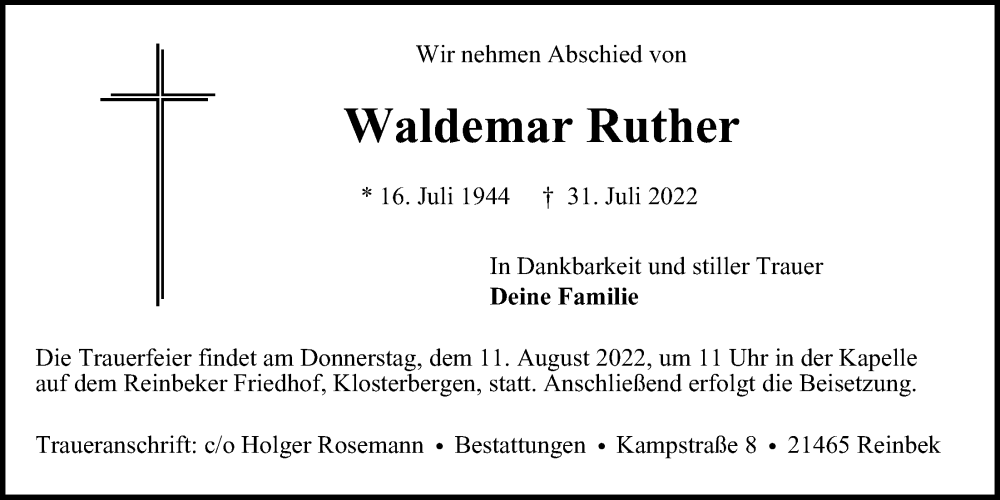  Traueranzeige für Waldemar Ruther vom 06.08.2022 aus Bille Wochenblatt, Bergedorfer Zeitung