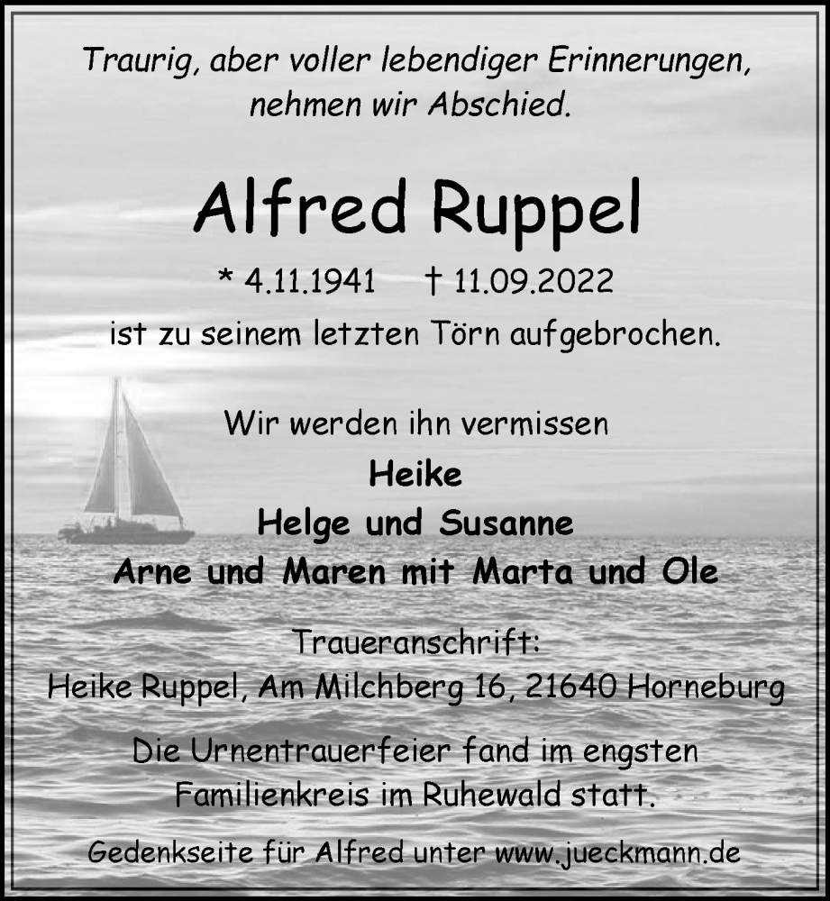  Traueranzeige für Alfred Ruppel vom 17.09.2022 aus Hamburger Abendblatt