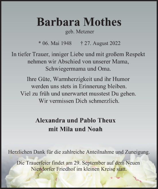 Traueranzeige von Barbara Mothes von Hamburger Abendblatt
