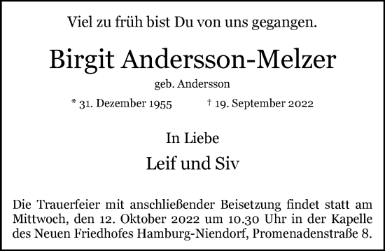 Traueranzeige von Birgit Andersson-Melzer von Niendorfer Wochenblatt