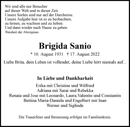 Traueranzeige von Brigida Sanio von Hamburger Abendblatt