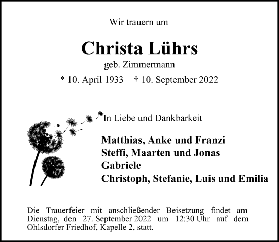 Traueranzeige von Christa Lührs von Niendorfer Wochenblatt