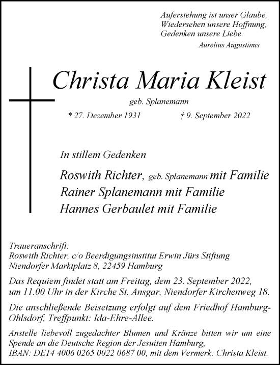 Traueranzeige von Christa Maria Kleist von Hamburger Abendblatt