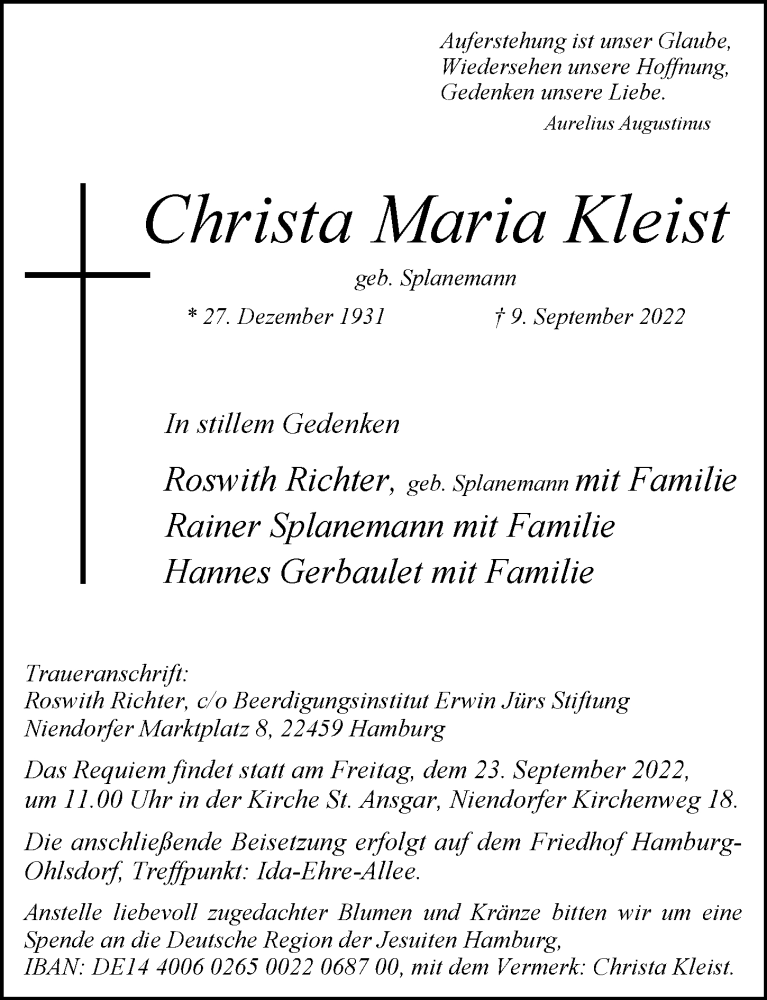  Traueranzeige für Christa Maria Kleist vom 17.09.2022 aus Hamburger Abendblatt