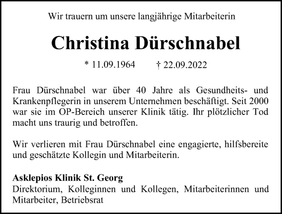 Traueranzeige von Christina Dürschnabel von Hamburger Abendblatt