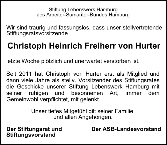 Traueranzeige von Christoph Heinrich Freiherr von Hurter von Hamburger Abendblatt