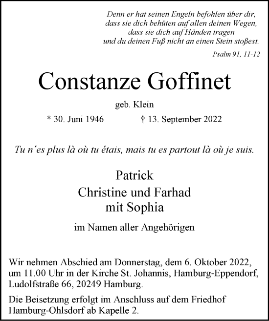 Traueranzeige von Constanze Goffinet von Hamburger Abendblatt