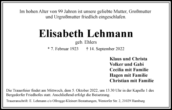 Traueranzeige von Elisabeth Lehmann von Bille Wochenblatt, Bergedorfer Zeitung