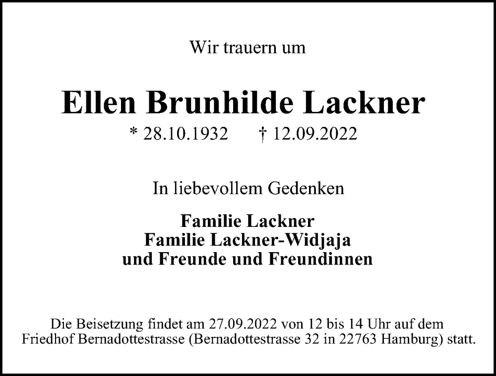  Traueranzeige für Ellen Brunhilde Lackner vom 17.09.2022 aus Hamburger Abendblatt