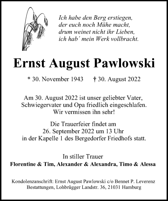 Traueranzeige von Ernst August Pawlowski von Hamburger Abendblatt