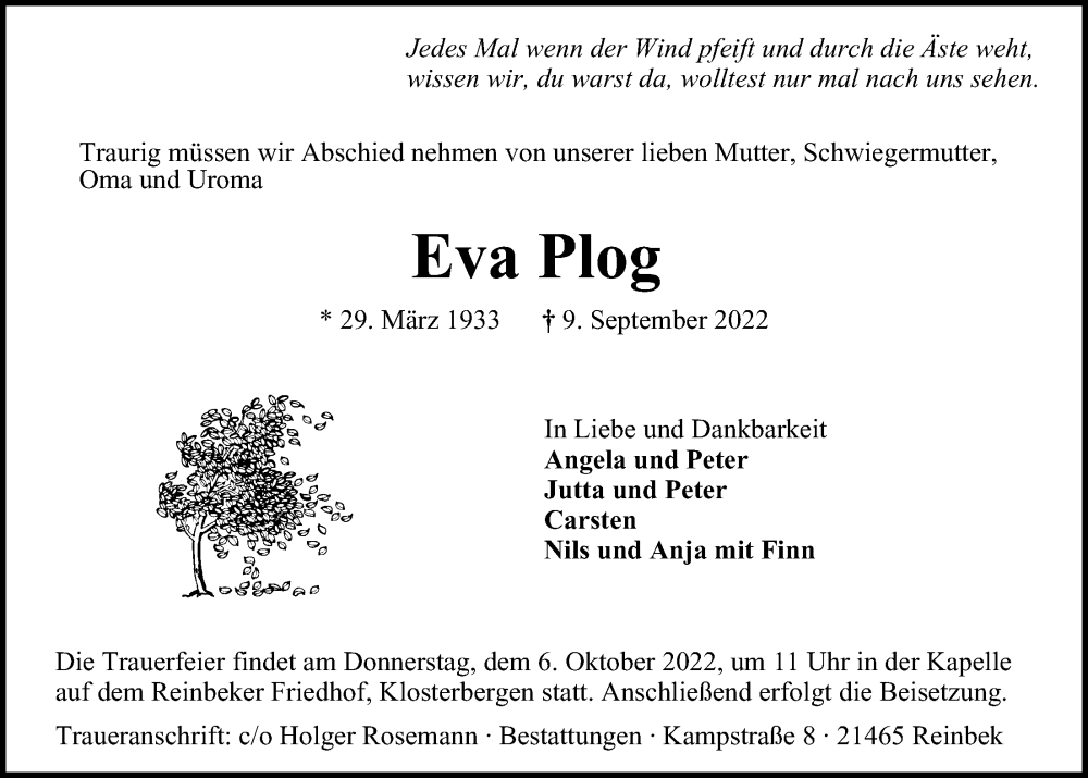  Traueranzeige für Eva Plog vom 17.09.2022 aus Bille Wochenblatt, Bergedorfer Zeitung