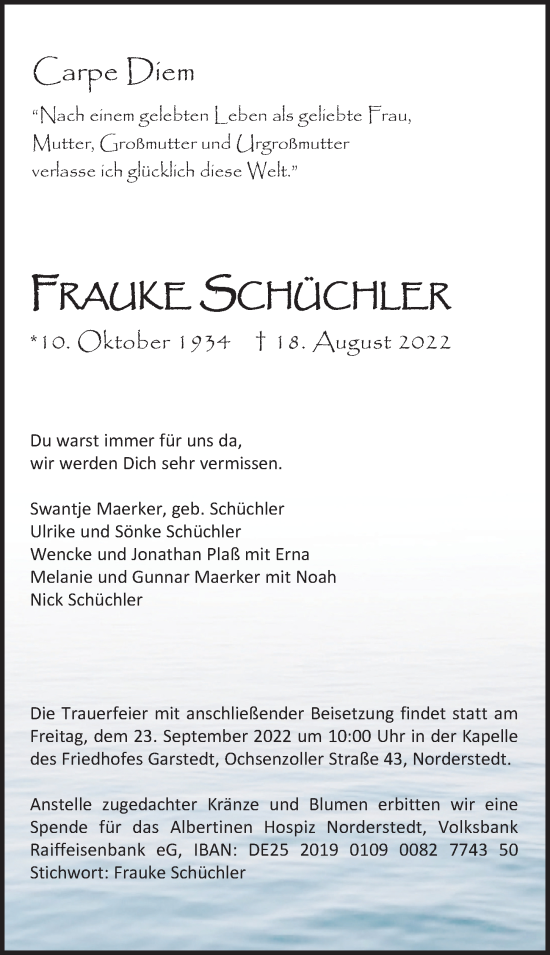 Traueranzeige von Frauke Schüchler von Hamburger Abendblatt
