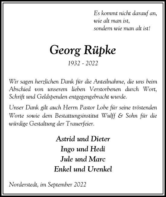 Traueranzeige von Georg Rüpke von HA Regio Norderstedt