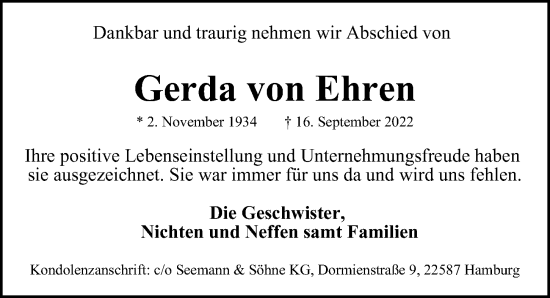 Traueranzeige von Gerda von Ehren von Hamburger Abendblatt, HA Regio Norderstedt