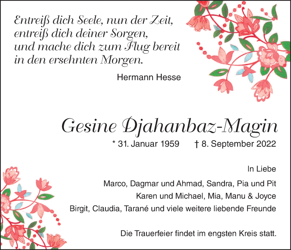  Traueranzeige für Gesine Djahanbaz-Magin vom 17.09.2022 aus Hamburger Abendblatt