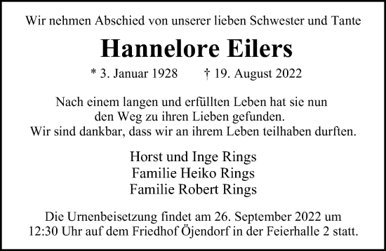 Traueranzeige von Hannelore Eilers von Billstedt/Horn