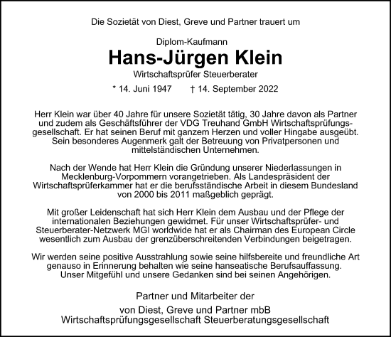 Traueranzeige von Hans-Jürgen Klein von Hamburger Abendblatt