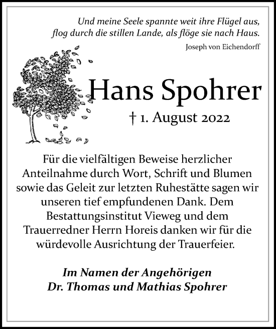 Traueranzeige von Hans Spohrer von Hamburger Abendblatt