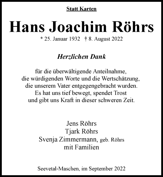 Traueranzeige von Hans Joachim Röhrs von Hamburger Abendblatt