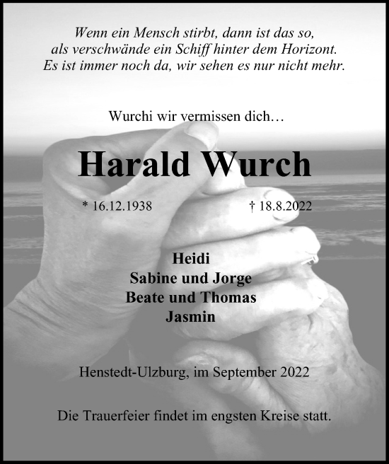 Traueranzeige von Harald Wurch von Hamburger Abendblatt