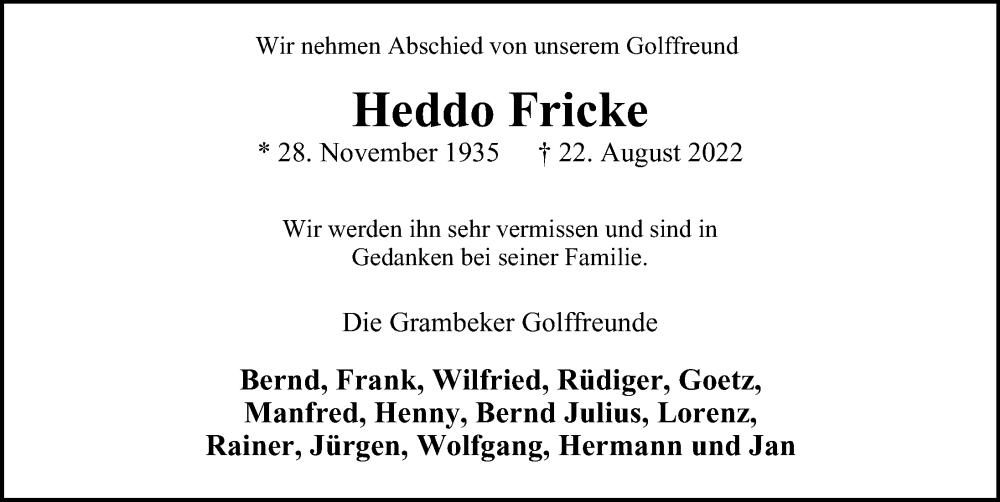  Traueranzeige für Heddo Fricke vom 10.09.2022 aus Hamburger Abendblatt