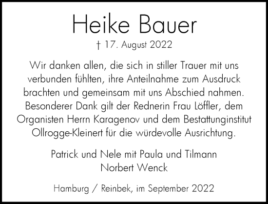 Traueranzeige von Heike Bauer von Bille Wochenblatt, Bergedorfer Zeitung