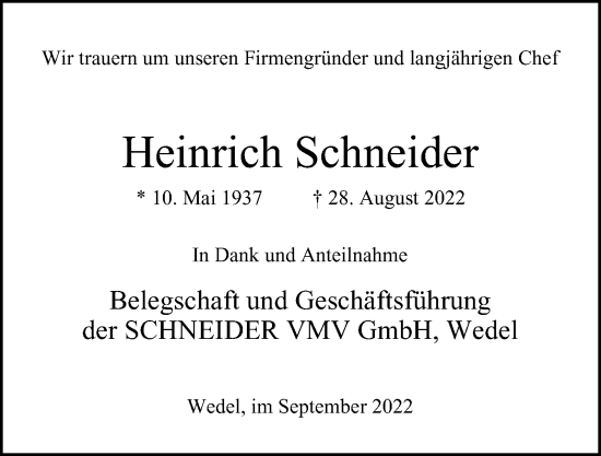 Traueranzeige von Heinrich Schneider von Hamburger Abendblatt