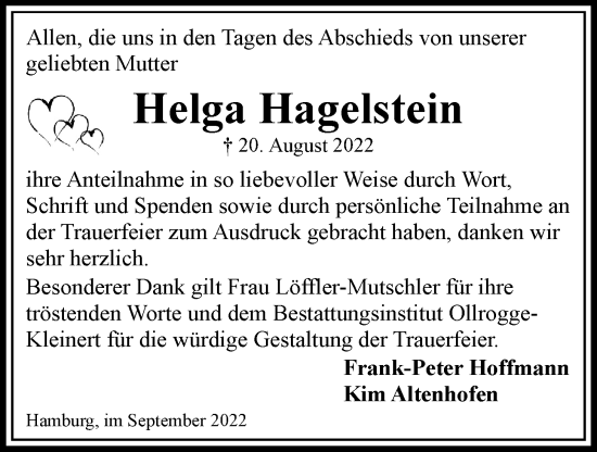 Traueranzeige von Helga Hagelstein von Bille Wochenblatt, Bergedorfer Zeitung