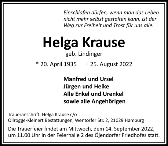 Traueranzeige von Helga Krause von Billstedt/Horn