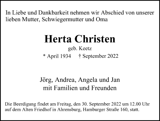 Traueranzeige von Herta Christen von Hamburger Abendblatt