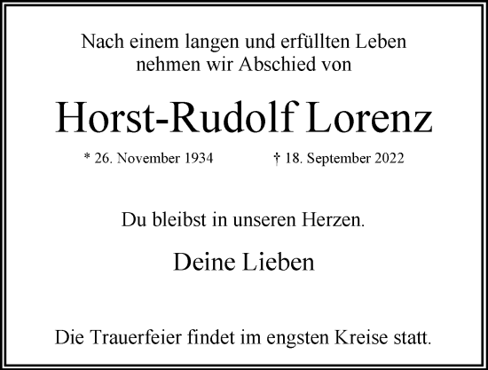 Traueranzeige von Horst-Rudolf Lorenz von Hamburger Abendblatt