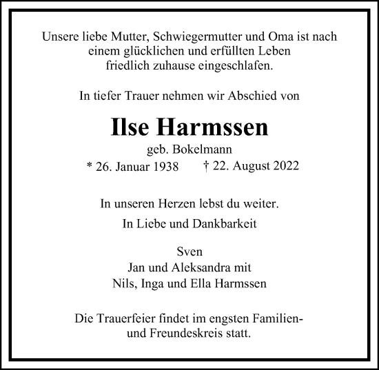 Traueranzeige von Ilse Harmssen von Hamburger Abendblatt