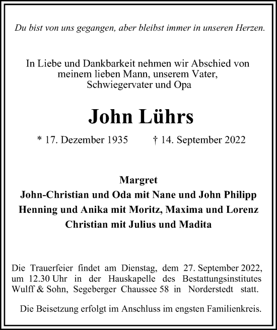 Traueranzeige von John Lührs von Hamburger Abendblatt