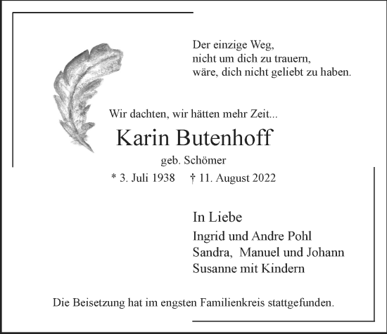 Traueranzeige von Karin Butenhoff von Billstedt/Horn