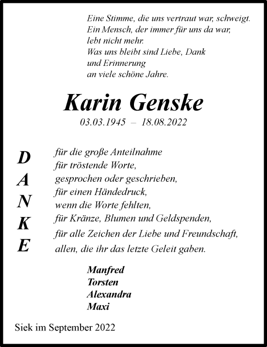 Traueranzeige von Karin Genske von Hamburger Abendblatt