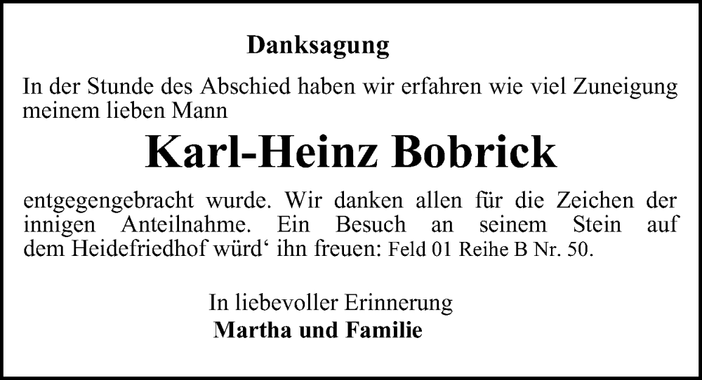  Traueranzeige für Karl-Heinz Bobrick vom 10.09.2022 aus Niendorfer Wochenblatt