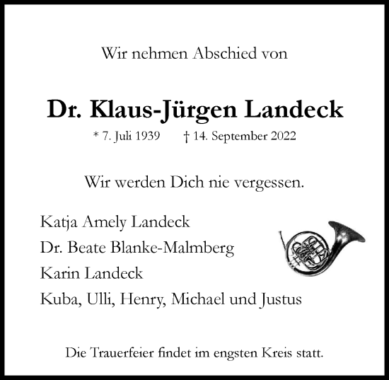 Traueranzeige von Klaus Jürgen Landeck von Hamburger Abendblatt
