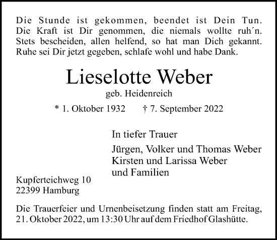 Traueranzeige von Lieselotte Weber von Hamburger Abendblatt