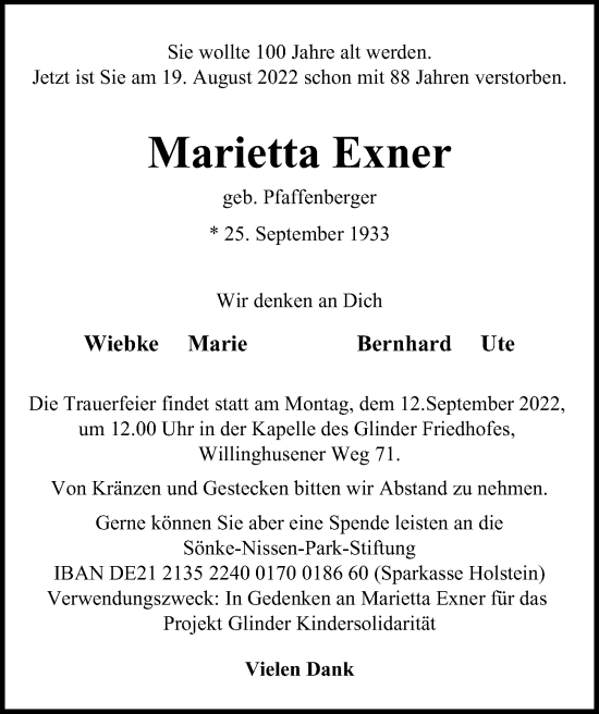 Traueranzeige von Marietta Exner von Glinder Zeitung