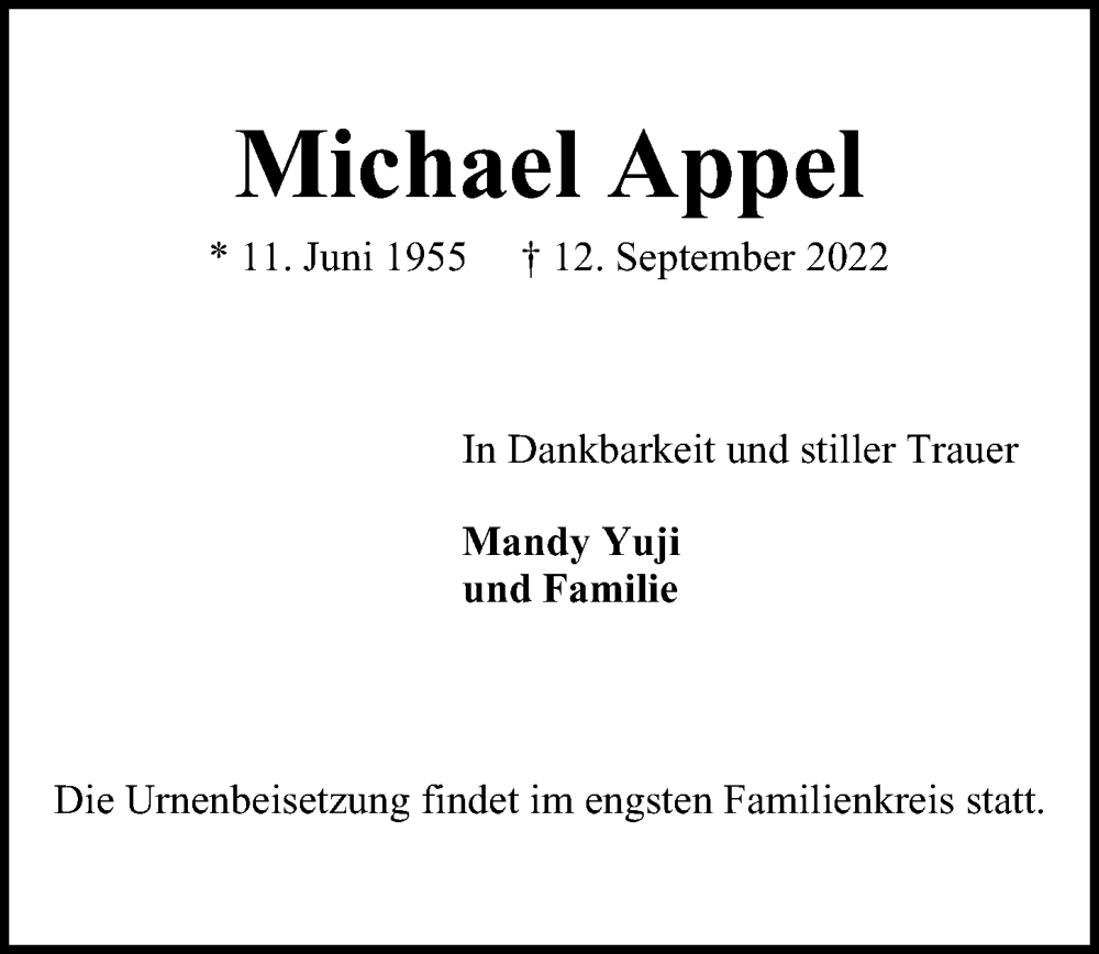  Traueranzeige für Michael Appel vom 21.09.2022 aus Glinder Zeitung