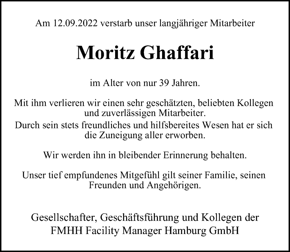  Traueranzeige für Moritz Ghaffari vom 17.09.2022 aus Hamburger Abendblatt