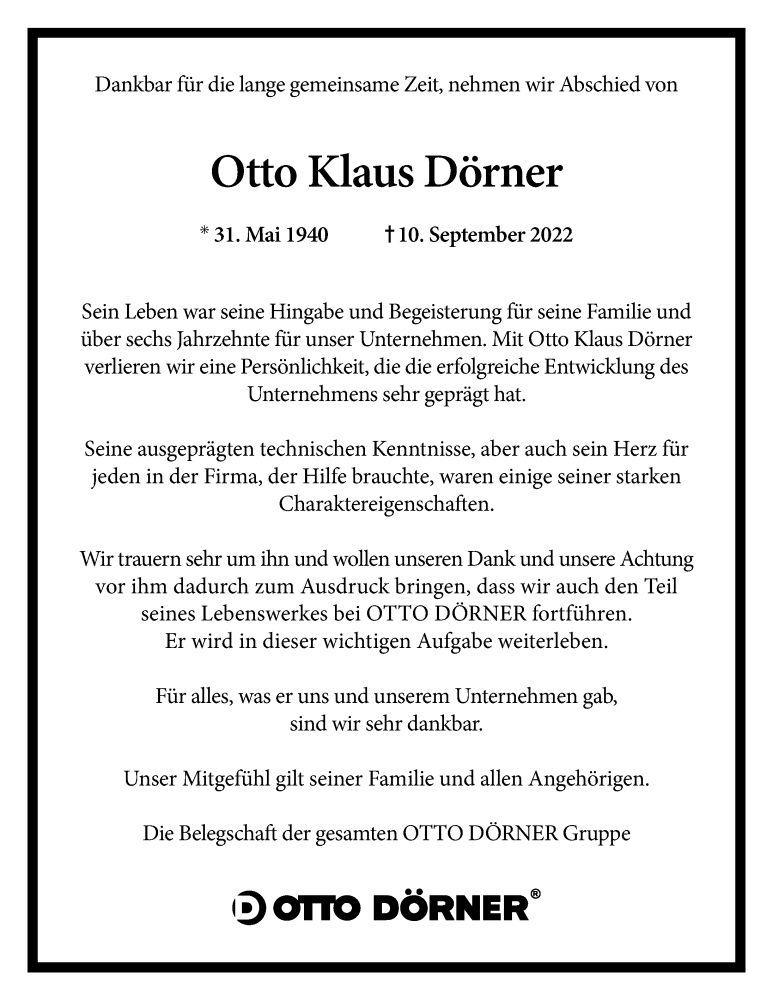  Traueranzeige für Otto Klaus Dörner vom 17.09.2022 aus Hamburger Abendblatt