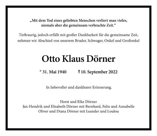 Traueranzeige von Otto Klaus Dörner von Hamburger Abendblatt