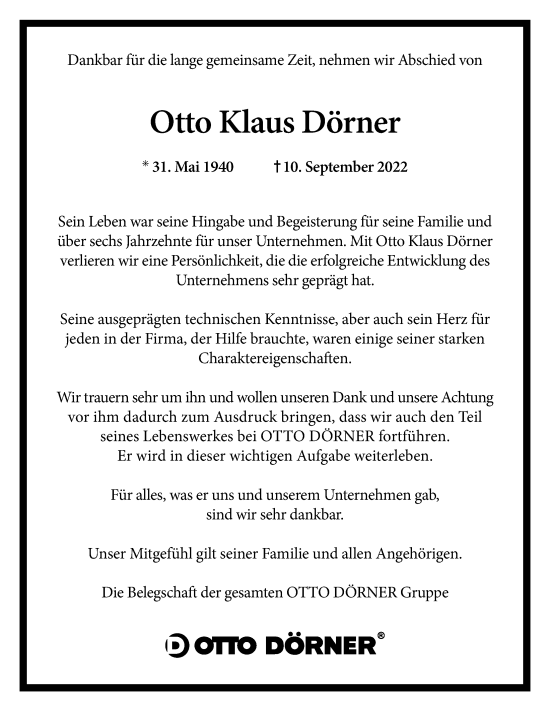 Traueranzeige von Otto Klaus Dörner von Hamburger Abendblatt