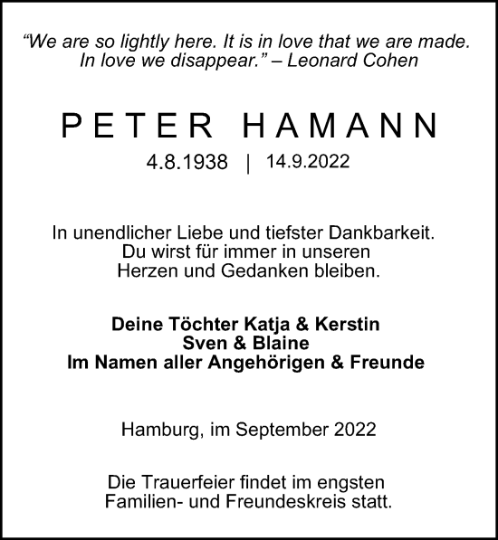 Traueranzeige von Peter Hamann von Hamburger Abendblatt