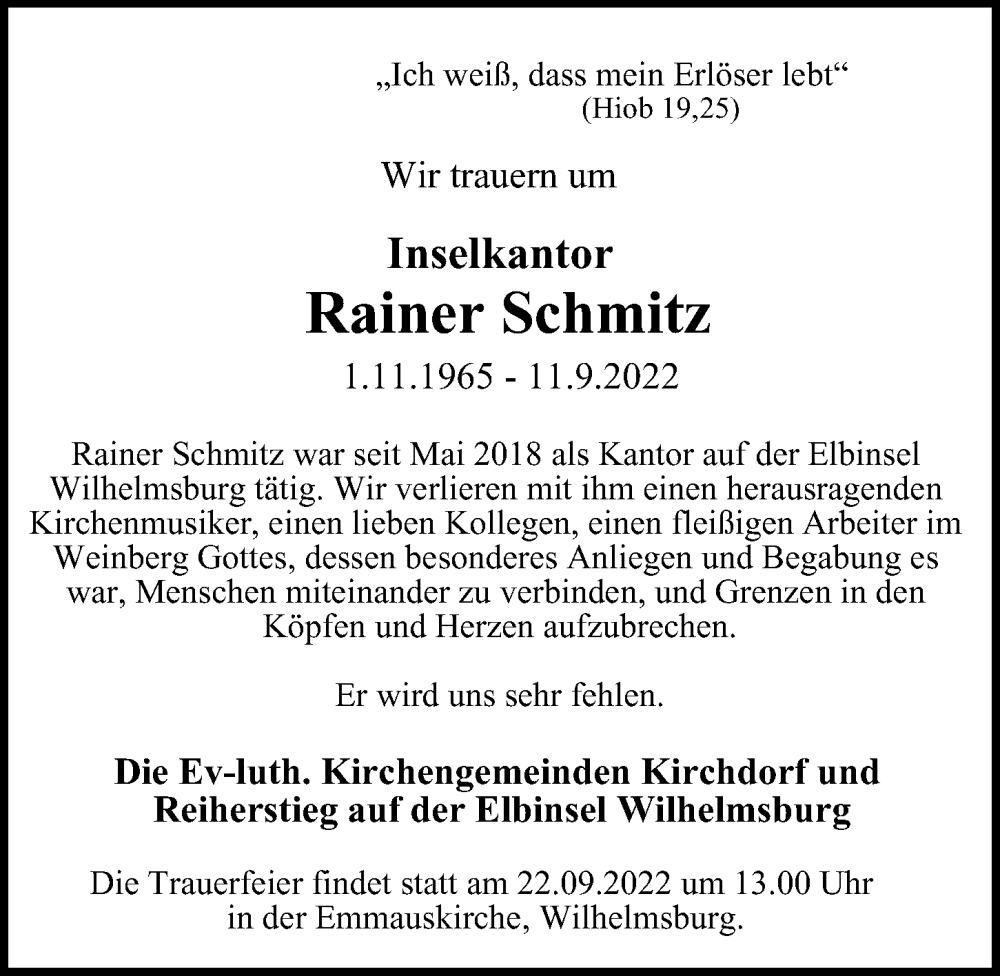  Traueranzeige für Rainer Schmitz vom 17.09.2022 aus Hamburger Abendblatt
