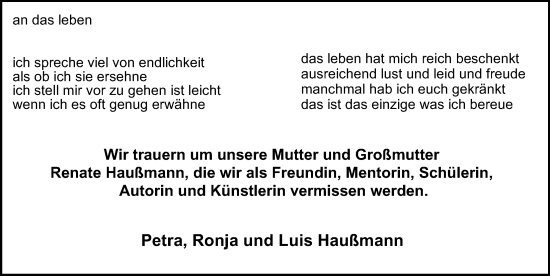 Traueranzeige von Renate Haußmann von Hamburger Abendblatt
