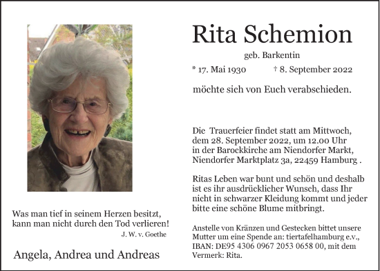 Traueranzeige von Rita Schemion von Niendorfer Wochenblatt