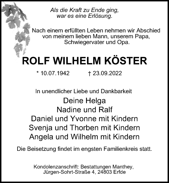 Traueranzeige von Rolf Wilhelm Köster von Hamburger Abendblatt